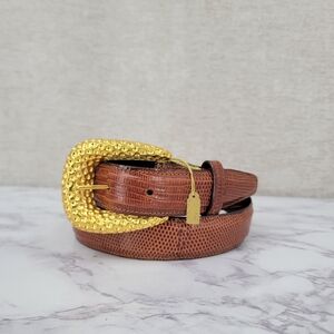 Kleinberg Sherrill Vintage Brown Lizard Embossed Leather Belt Gold Tone Buckle